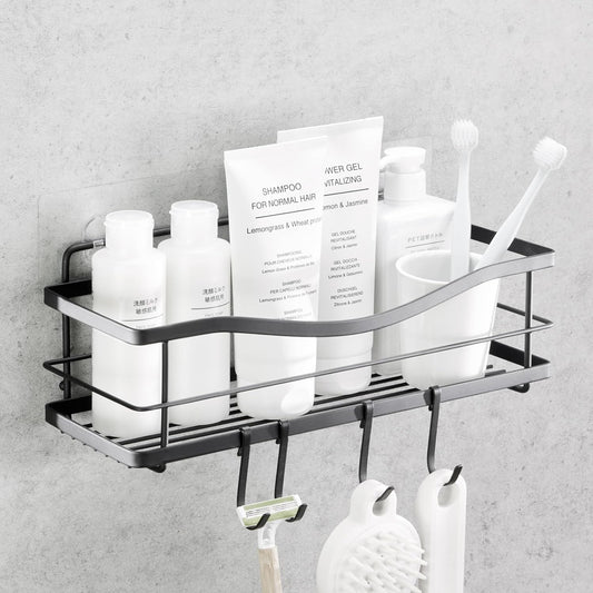 Shower Shelf - Self Adhesive Shower Caddy with 4 Hooks - No Drill Large Capacity Stainless Steel Rack - Aesthetic Organizer for Bathroom Wall Decor - Matte Black