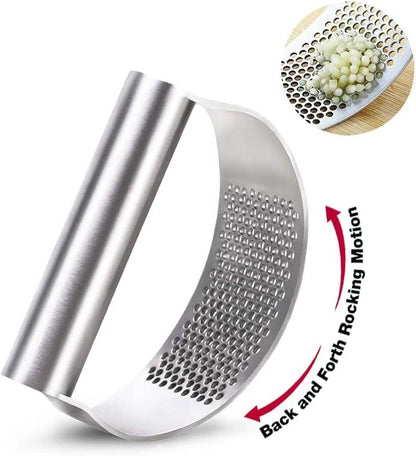 Garlic Press Rocker, Stainless Steel Garlic Crusher, Dishwasher Safe, Ergonomic Handle Garlic Chopper with Silicone Peeler and Cleaning Brush, Rust Proof Garlic Mincer Tool for Kitchen Gadgets