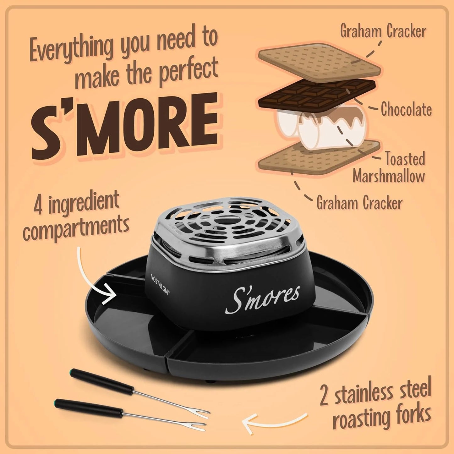 Indoor Electric Smores Maker Smores Kit with 2 Marshmallows Roasting Forks, Brown